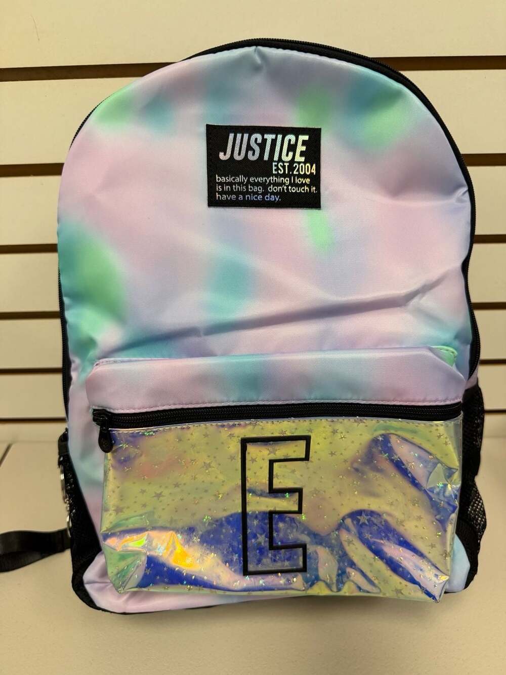 Justice Tie-Dye Initial E Backpack with Iridescent Star Details  NWT